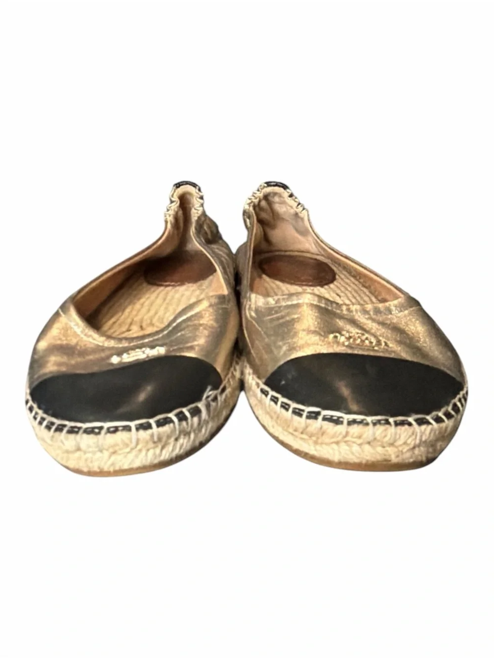 Coach Gold & Black Leather Cap Toe Espadrille Ballet Flats Women’s Size 10B